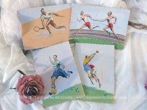 Lot de 4 cartes postales vintages dessins sur le sport