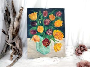 Eclatant tableau peinture huile signé bouquet tulipes