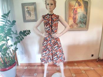 Robe couturière années 70 orange et marine