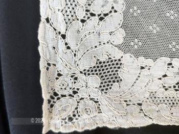 Voici un superbe et ancien napperon presque de forme carrée en tulle avec des incrustations de dentelle et un motif floral au centre.