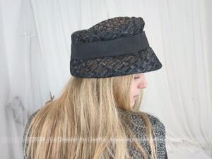 Ancien chapeau rétro sisal synthétique, ruban et noeud