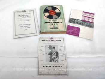 Voici un ancien catalogues La Voix de son Maitre pour l'année 1928, un autre pour l'année 1929,  un prospectus pour une chanson de Maurice Chevalier de 1929 et le catalogue des nouveautés d'avril 1930.