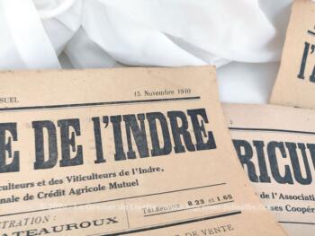 Voici un lot de 4 journaux  de 2 pages de "L'Agriculture de l'Indre", journal bi-mensuel avec les numéros du 1er, 15 et 30 novembre et 15 décembre 1940.