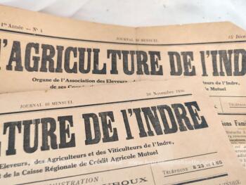 Voici un lot de 4 journaux  de 2 pages de "L'Agriculture de l'Indre", journal bi-mensuel avec les numéros du 1er, 15 et 30 novembre et 15 décembre 1940.