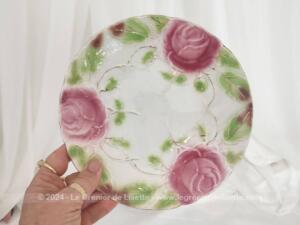 Ancienne petite assiette barbotine Onnaing fleurs roses