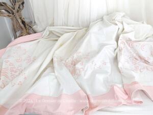 Ancien grand drap bordures et borderies roses