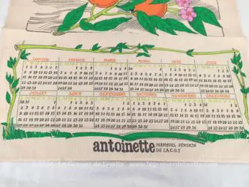 Cadeau publicitaire du mensuel féminin de la C.G.T. Antoinette, voici un ancien torchon calendrier pour l'année 1979 de 47 x 64 cm avec en décors des branches d'oranger avec de belles oranges.