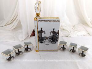 Flacon porcelaine liqueur forme livre Nancy et ses 6 verres