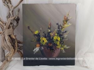 Original tableau signé peinture huile sur bois Bouquet Fleurs